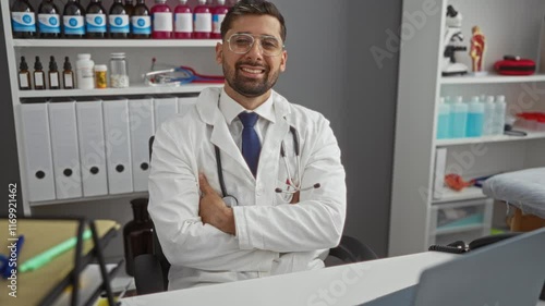 Wallpaper Mural Confident male doctor in white lab coat with crossed arms smiles in a clinic examination room, surrounded by medical equipment and shelves, conveying professionalism and care. Torontodigital.ca