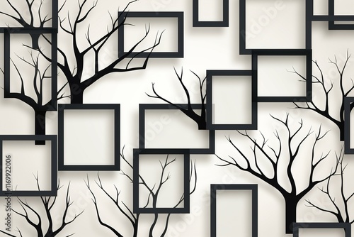 3D wallpaper featuring seamless pattern black geometric squares with a silhouetted naked tree against a white background. Perfect for decorative purposes, living room walls, and interior design.