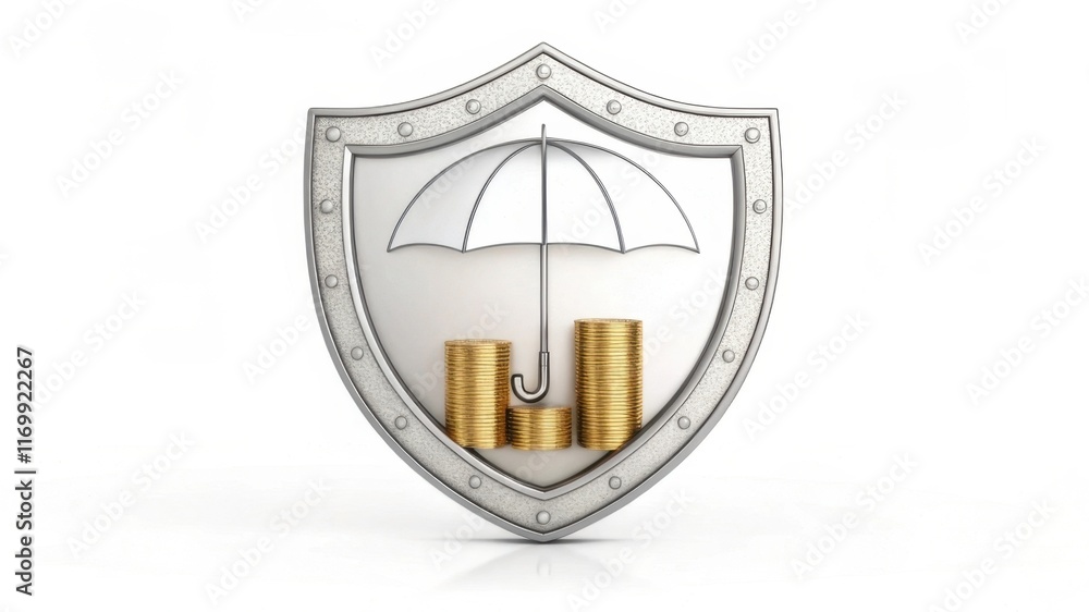 A shield with an umbrella and coins symbolizes financial protection and security.