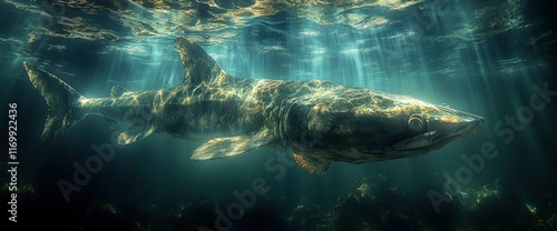 Majestic Basking Shark Underwater in Sunbeams photo