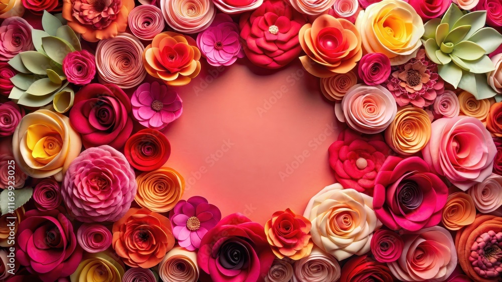 Vibrant paper roses in shades of pink and red fill a large, circular frame, backdrop colorful paper roses flowers, decorative centerpiece Vibrant paper roses in shades of pink and red fill a large, circular frame, backdrop colorful paper roses flowers, decorative centerpiece