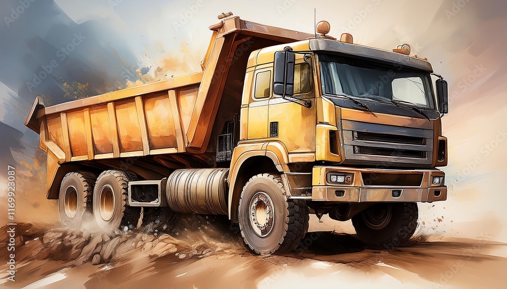 Obraz premium A vibrant yellow dump truck driving through a dusty terrain, showcasing its rugged design and powerful presence in construction or hauling environments.
