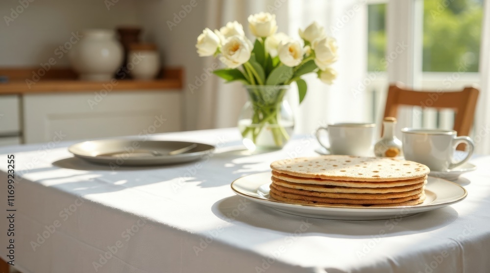 Sunlight illuminates a table setting with a stack of pastries, cups, and a vase of flowers Sunlight illuminates a table setting with a stack of pastries, cups, and a vase of flowers