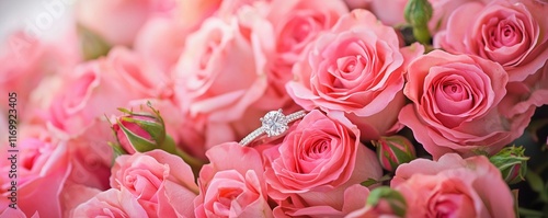 Diamond engagement ring nestled in a pink rose bouquet, perfect for proposals.