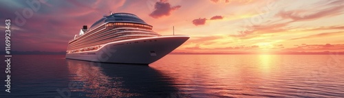 A stunning cruise ship sailing at sunset over calm waters. photo