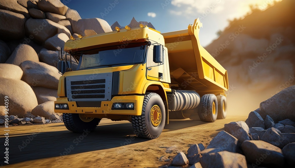 Naklejka premium A bright yellow dump truck drives through a rocky terrain, showcasing its robust design against a scenic backdrop of mountains and a clear sky.