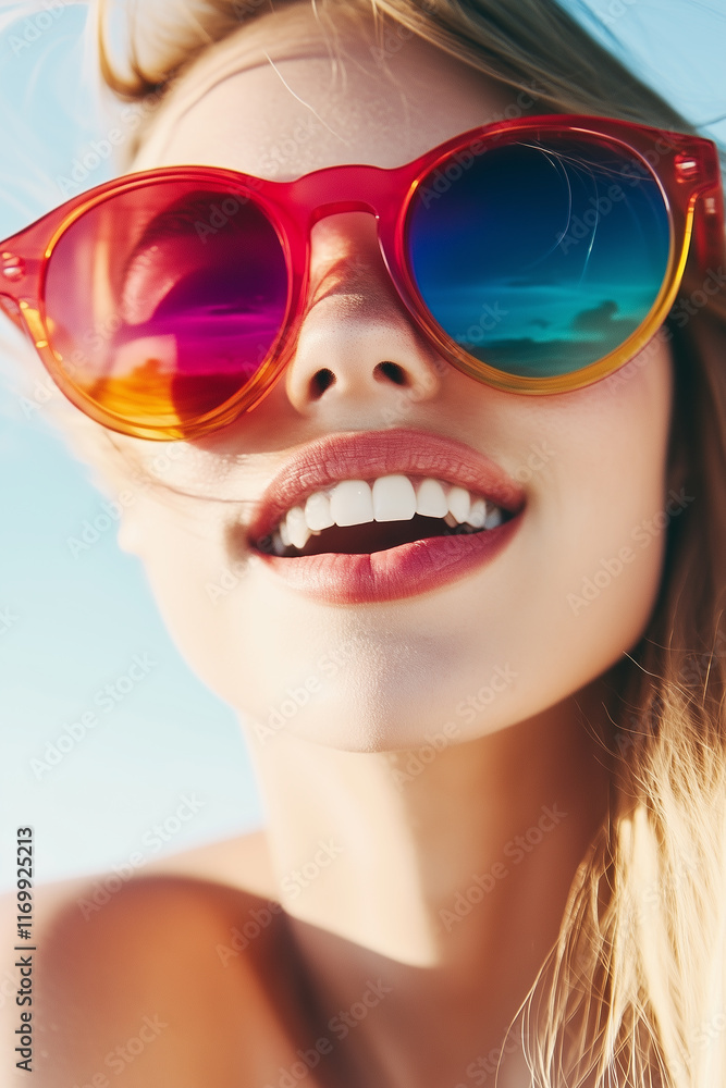 Stylish young woman wearing vibrant colorful sunglasses against a minimalist white background, showcasing fashion and individuality, high-definition and detailed composition. Stylish young woman wearing vibrant colorful sunglasses against a minimalist white background, showcasing fashion and individuality, high-definition and detailed composition.