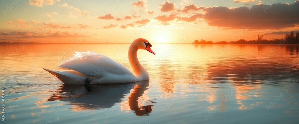 Fototapeta premium Majestic Swan at Golden Sunset on Calm Lake