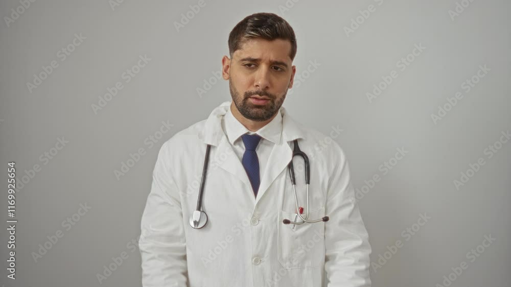 Doctor in white coat with stethoscope gesturing stop isolated against white wall expressing concern and caution Doctor in white coat with stethoscope gesturing stop isolated against white wall expressing concern and caution