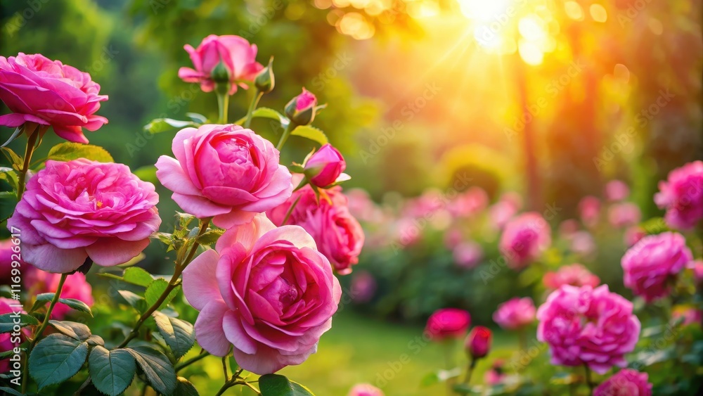 Obraz premium Vibrant pink roses in a garden, surrounded by lush greenery and sunshine, beautiful, pink flowers, beautiful,pink flowers