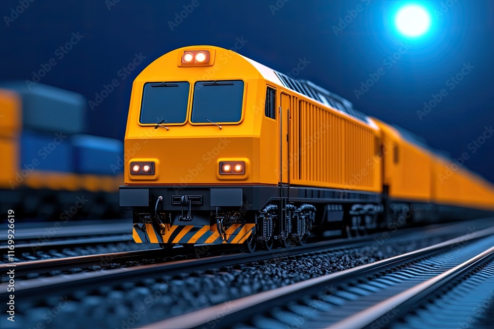Naklejka premium Nighttime freight train; a yellow locomotive leads a long line of cargo cars.