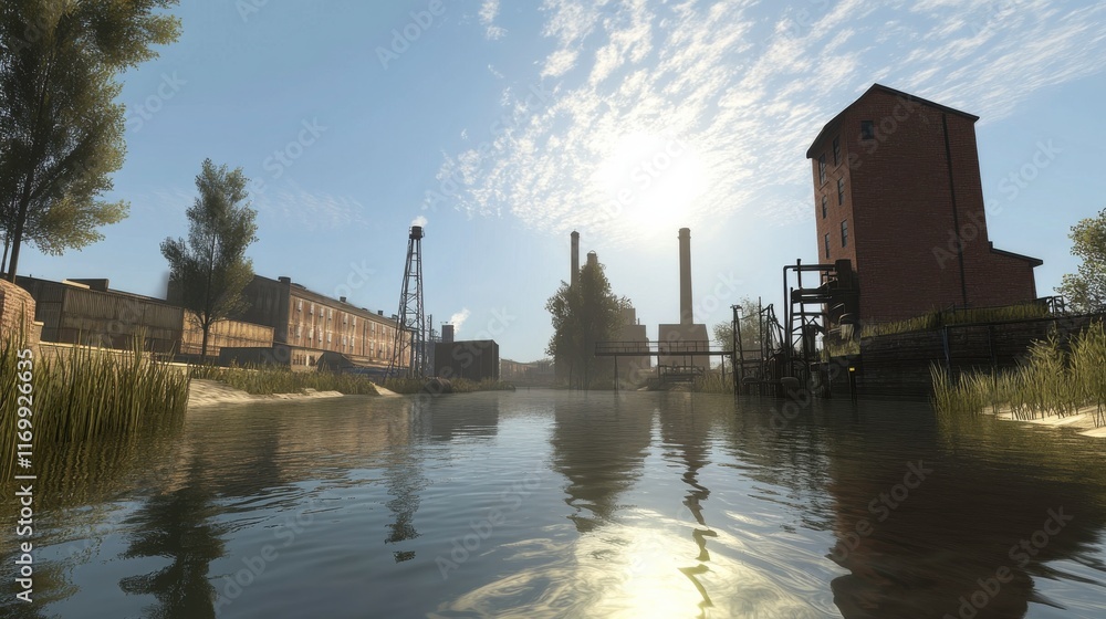 Obraz premium Industrial Canal Under Bright Midday Sun