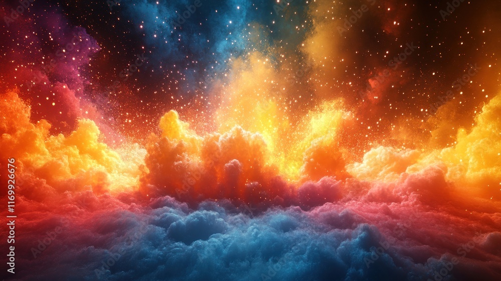 Fototapeta premium Vibrant nebula cloudscape with fiery orange and cool blue hues, speckled with bright stars.