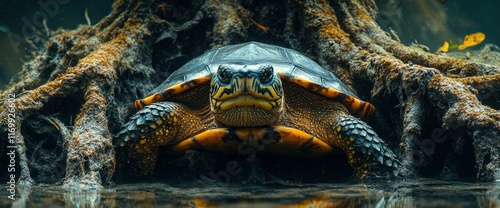 Majestic Turtle Among Mangrove Roots
