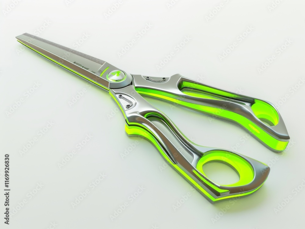 A pair of futuristic scissors with sleek titanium blades and glowing neon green accents A pair of futuristic scissors with sleek titanium blades and glowing neon green accents