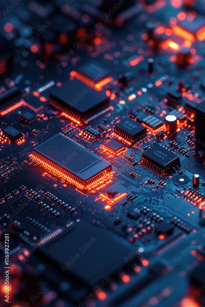 Microchip circuit with red light, close-up shot showcasing modern electronics design. Integrated circuits used in computer processing units.
