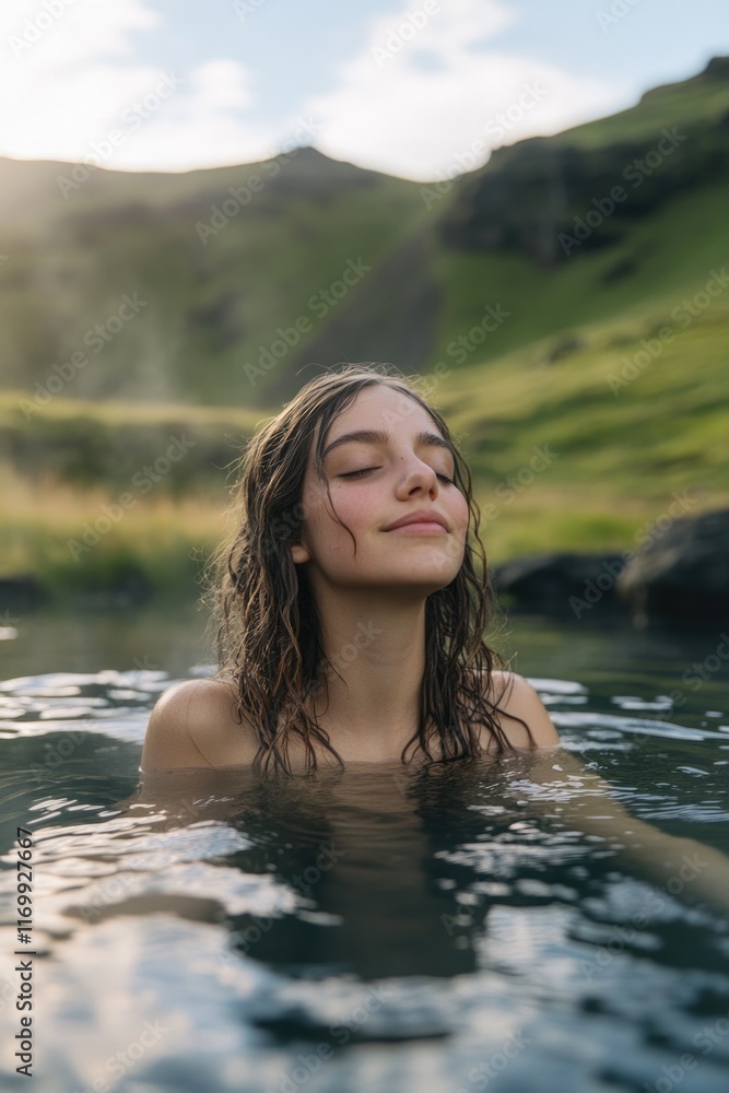 Fototapeta premium A young woman bathing under a sunlit sky, enjoying nature's tranquility.