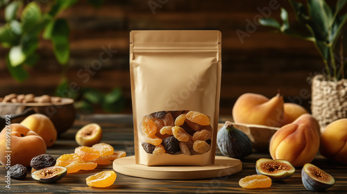 Sustainable Kraft resealable pouch holding dried fruits with apricot slices and figs, bright natural setup photo