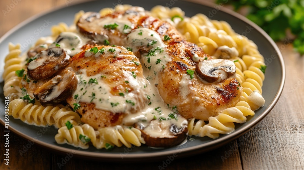 A plate of pasta noodles served with chicken and mushrooms, garnished with sauce. A plate of pasta noodles served with chicken and mushrooms, garnished with sauce.