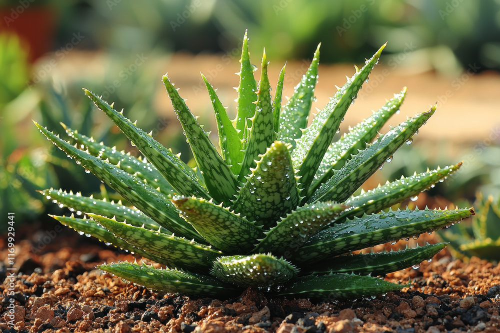 Fototapeta premium Small aloe vera plant with water droplets growing in rocky soil.