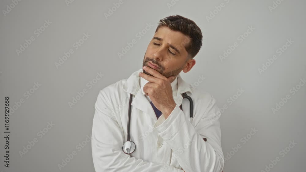 Portrait of a thoughtful young hispanic man in a white coat with stethoscope against a plain wall background. Portrait of a thoughtful young hispanic man in a white coat with stethoscope against a plain wall background.