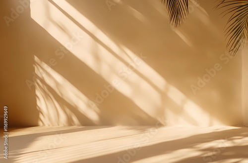 Abstract background of beige color with sun rays and shadows from palm leaves on the wall, 3D rendering