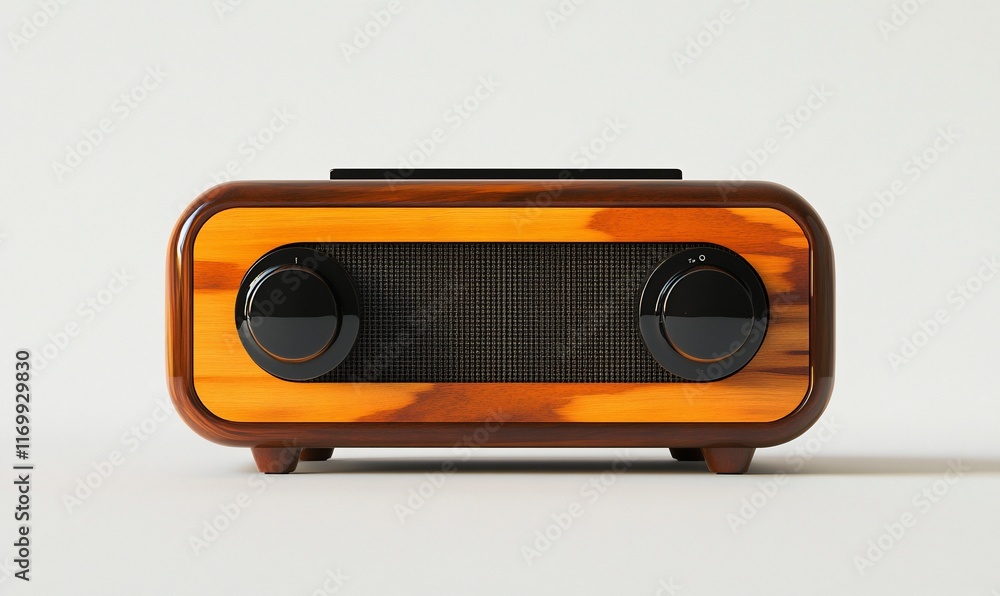 Obraz premium Retro wooden radio. Vintage style radio with a warm, wooden exterior and black accents. Front panel with 