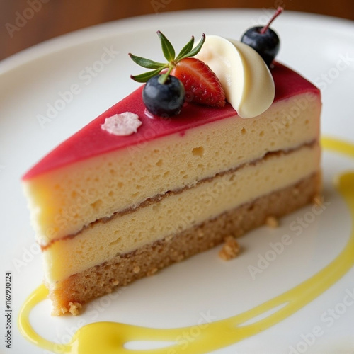 Porción triangular de tarta de fresa crema y bizcocho con arándanos y presentación elegante photo