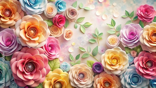 Fototapeta Naklejka Na Ścianę i Meble -  A beautiful arrangement of colorful paper roses in a floral background with a subtle texture and soft lighting effects, flower arrangement, paper cutouts