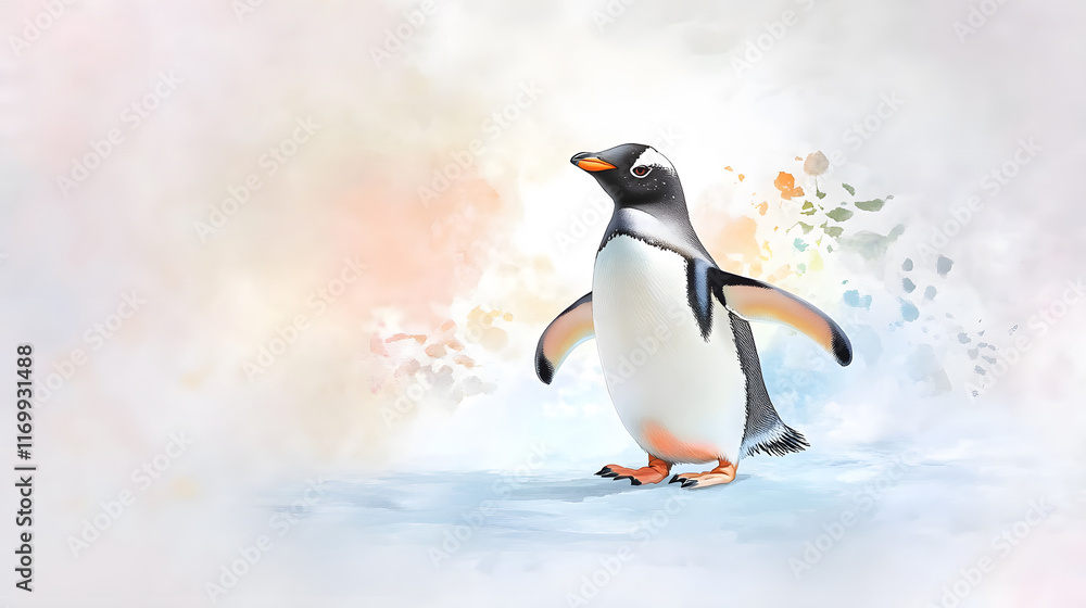 Obraz premium watercolor style penguin waddling on icy surface, showcasing its charm and grace