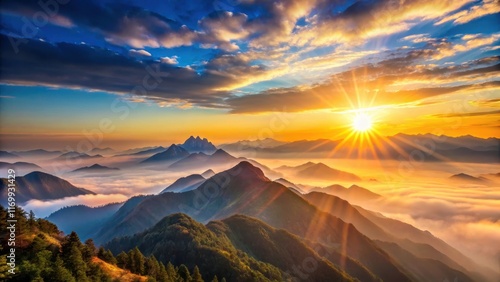 Dawn break above mountain range, with sun rising slowly over landscape