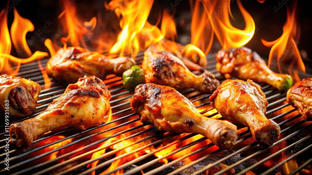 Sizzling chicken legs and wings on a grill surrounded by flames, with a savory aroma filling the air , dinner, savory, dinner, savory Sizzling chicken legs and wings on a grill surrounded by flames, with a savory aroma filling the air , dinner, savory, dinner, savory