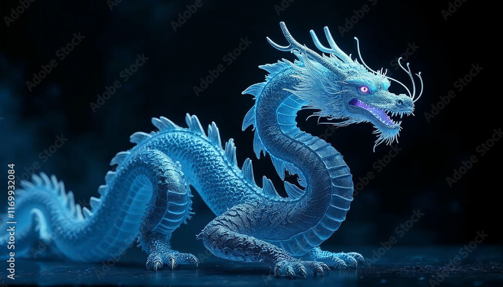 Fototapeta premium Chinese dragon on a black background. The dragon should be highly detailed, with scales, claws, and whiskers
