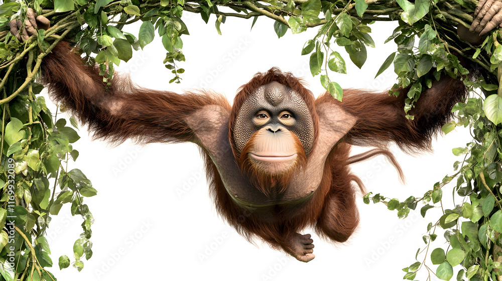 Obraz premium 3D orangutan with realistic fur textures swings through lush greenery, showcasing its playful nature and vibrant environment
