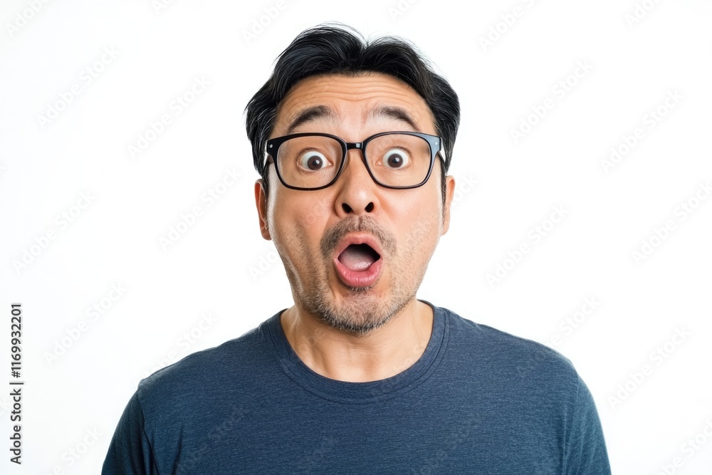 Asian man making an exaggerated facial expression, likely shocked or surprised. Asian man making an exaggerated facial expression, likely shocked or surprised.