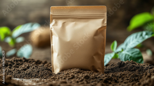 Kraft pouch mockup for natural compost starter with earthy soil and plant leaves in eco-conscious design photo