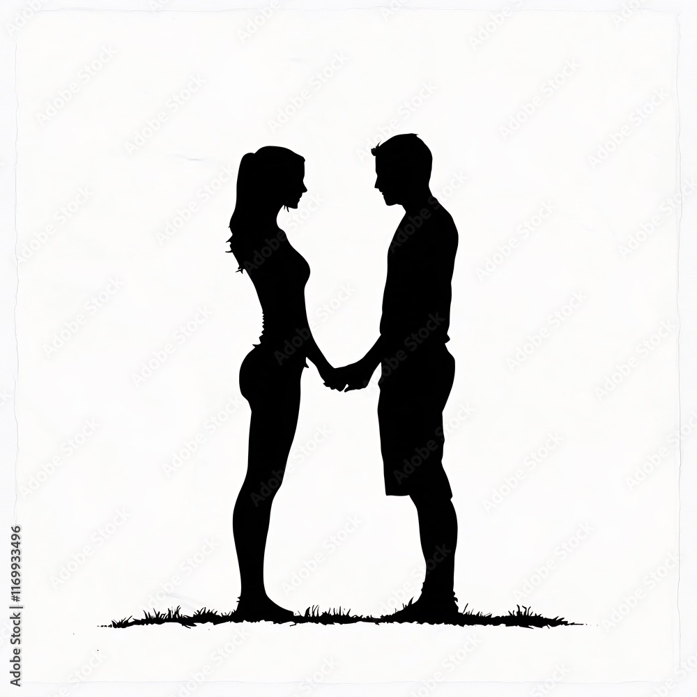 Silhouette Photo: Loving Couple Gently Holding Hands, Minimalist Style Illustration. AI Generated Silhouette Photo: Loving Couple Gently Holding Hands, Minimalist Style Illustration. AI Generated