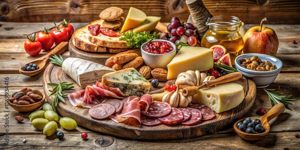 Fototapeta premium Traditional Italian spread with cured meats, cheeses, fruits and nuts on a wooden table, nuts