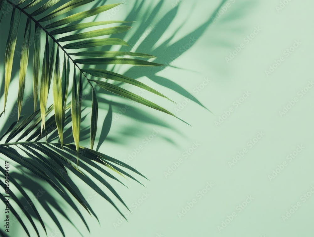 Fototapeta premium Shadow of tropical palm leaves against a light green wall. Refreshing summer vacation theme.