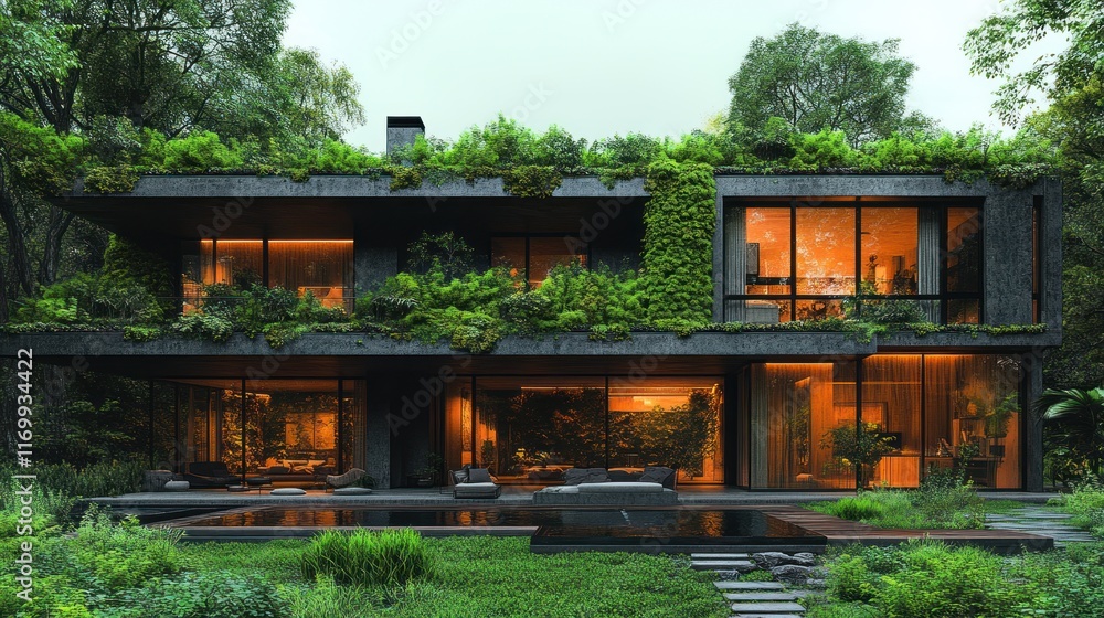 Modern house surrounded by lush greenery. Modern house surrounded by lush greenery.