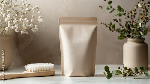 Eco-Friendly Kraft Resealable Pouch Mockup for Biodegradable Cleaning Powder, Accompanied by a Natural Brush in a Clean and Green Aesthetic with Soft Gray Tones photo