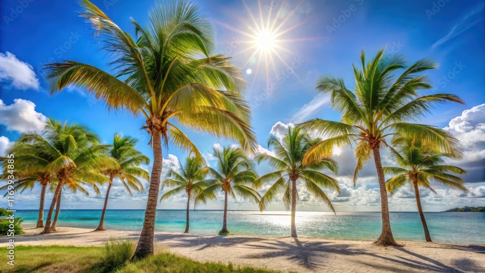 Palm trees swaying gently in the breeze on a sunny day at Paradise Island, sunshine, palm trees Palm trees swaying gently in the breeze on a sunny day at Paradise Island, sunshine, palm trees