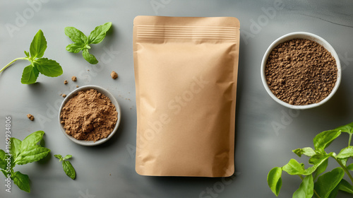 Kraft Resealable Pouch Mockup for Organic Compost Starter with Earthy Tones, Soil, and Plant Leaves, Creating a Rustic Eco-Friendly Composition photo