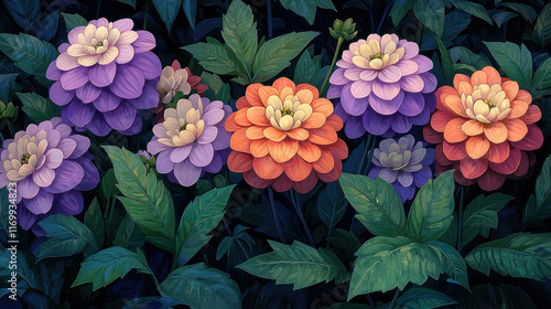 Lush blooming dahlias with vibrant petals nestled among dark green leaves.