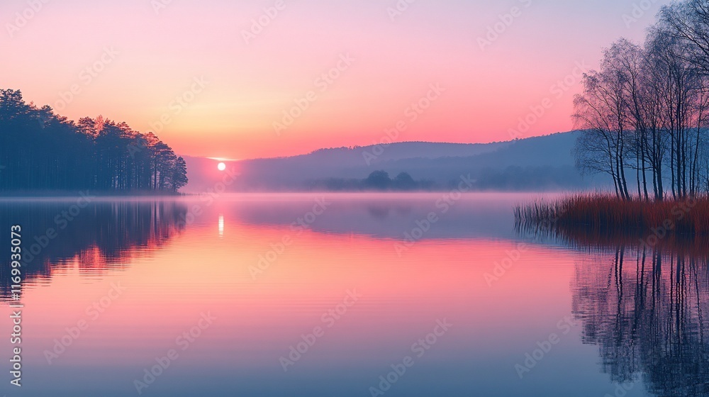 Serene Sunrise Over Misty Lake With Trees Serene Sunrise Over Misty Lake With Trees