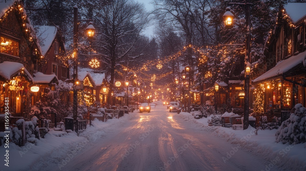 Snowy street adorned with festive lights. Snowy street adorned with festive lights.