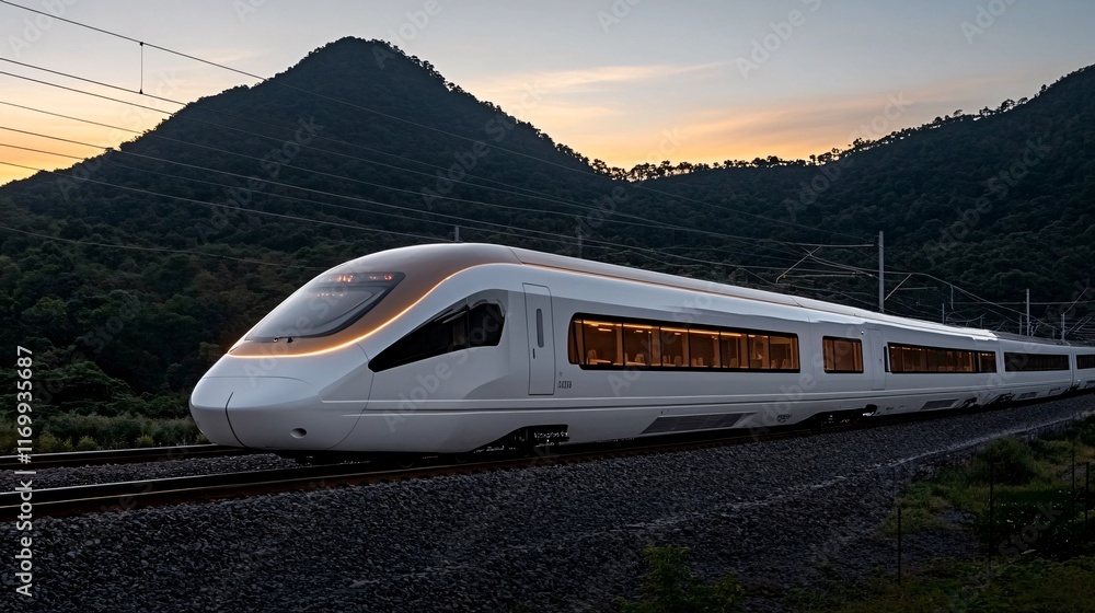 Naklejka premium High-Speed Train Racing Through Dramatic Landscape