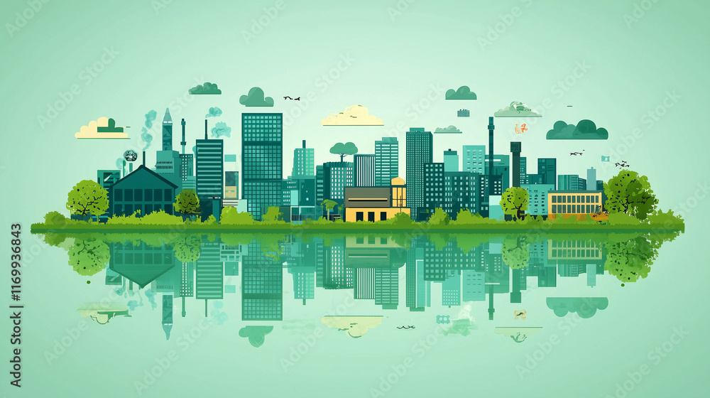 Obraz premium Green Urban Skyline with Reflections and Eco-Friendly Concept