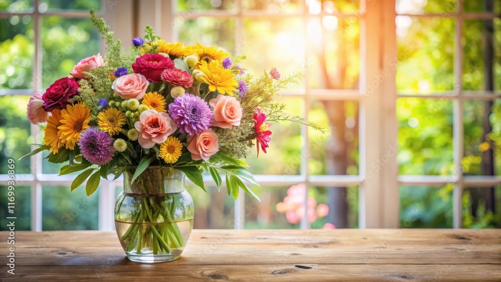 Freshly cut bouquet of colorful flowers arranged in a elegant vase on a wooden table, with soft natural light pouring in from the window, floral, elegant decor Freshly cut bouquet of colorful flowers arranged in a elegant vase on a wooden table, with soft natural light pouring in from the window, floral, elegant decor