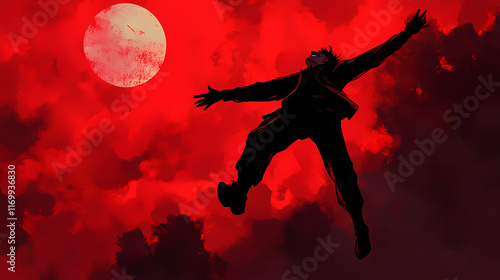 A black-clad figure soars against a crimson sky, embracing the night with a sinister smile. Sanguine. Illustration photo